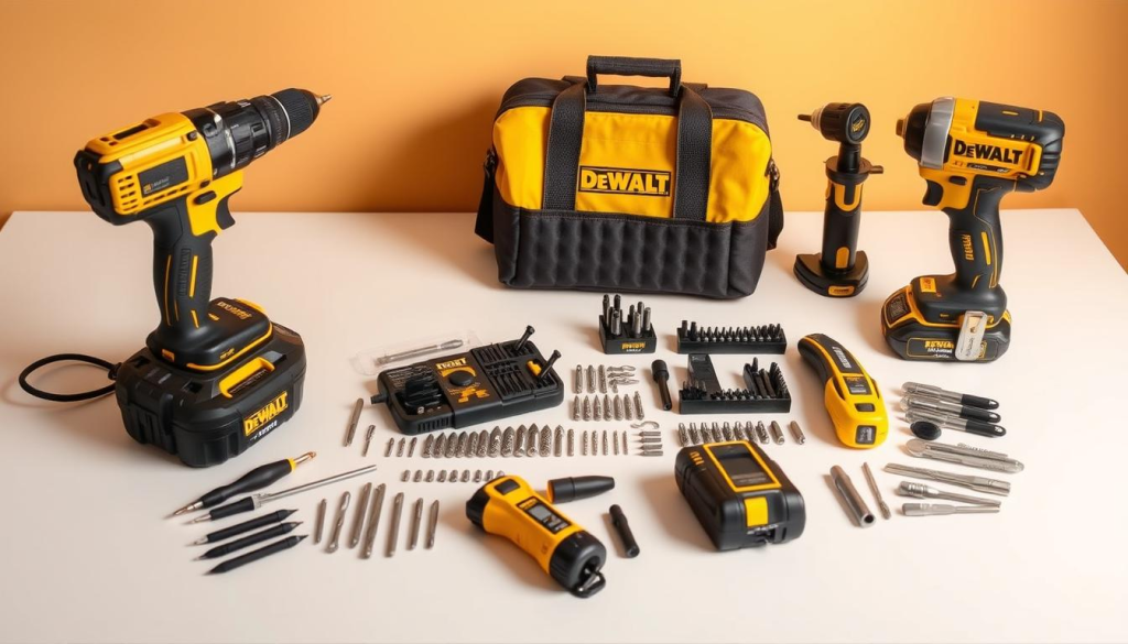 A high-quality, well-organized DeWalt tool kit displayed on a clean, minimalist surface. The kit includes a cordless drill, impact driver, oscillating multi-tool, and an assortment of drill bits, driver bits, and other accessories neatly arranged. The tools are shown in a warm, natural lighting, captured at a slight angle to showcase their sleek, modern design. The background is a plain, neutral color that allows the tools to take center stage, emphasizing their premium quality and versatility for the "Accessories and Attachments" section of the article.