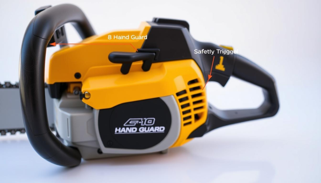 A high-resolution close-up photograph of the safety features on a DeWalt 8-inch electric chainsaw, shot against a clean white background with natural side lighting. The foreground showcases the chain brake, hand guard, and safety trigger in vivid detail, highlighting their purpose and functionality. The middle ground features the rear handle and ergonomic design, emphasizing the user-friendly controls. The background subtly fades to showcase the overall compact and well-engineered form factor of the tool, conveying a sense of reliable power and precision.