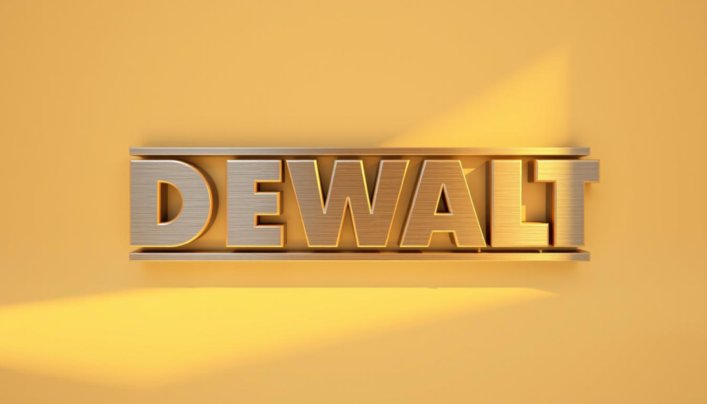 A high-resolution, detailed 3D rendering of the DEWALT logo against a clean, minimalist background. The logo is centered, composed of the iconic DEWALT name in a bold, industrial-style font, with the DEWALT star mark prominently displayed. The logo is rendered with a metallic, brushed aluminum finish, capturing the brand's sturdy, dependable, and professional identity. Warm, directional lighting casts subtle shadows, emphasizing the depth and texture of the logo design. The overall mood is one of precision, power, and unwavering quality - qualities that reflect the core values of the DEWALT brand.