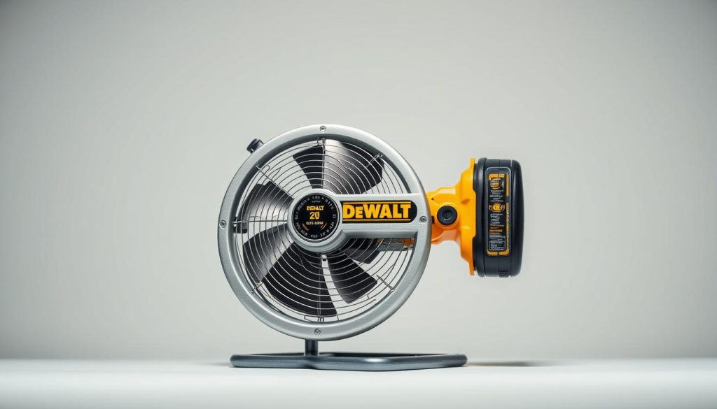 A high-resolution, detailed close-up of a DEWALT 20V cordless fan tool, displayed against a clean, minimalist background. The fan is positioned in the center, showcasing its sleek, modern design with clean lines and a brushed metal finish. Emphasize the technical features, such as the robust build quality, variable speed control, and ergonomic handle. Utilize soft, directional lighting to highlight the tool's textures and create depth. Capture the fan from a slightly elevated perspective, creating a sense of authority and professionalism. The overall mood should be one of precision, reliability, and functional elegance, aligning with the DEWALT brand and the subject of the article.