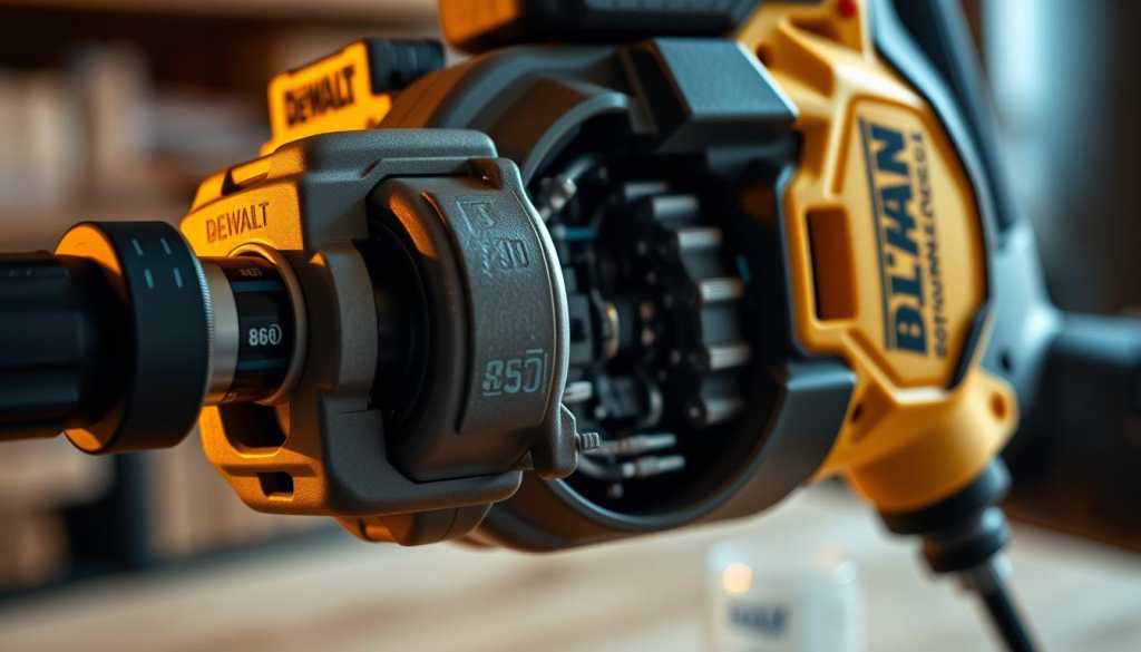 A high-resolution, detailed close-up photograph of the Dewalt 860 power tool, showcasing its sleek and robust construction. The tool is illuminated by a warm, diffused lighting, emphasizing the smooth metallic surfaces, sturdy housing, and precision-engineered components. The foreground features the tool's ergonomic grip and controls, highlighting the attention to user experience. The middle ground reveals the intricate inner workings, exposing the complex mechanisms and engineering that contribute to the tool's exceptional performance and durability. The background is slightly blurred, keeping the focus on the power tool's design and build quality.
