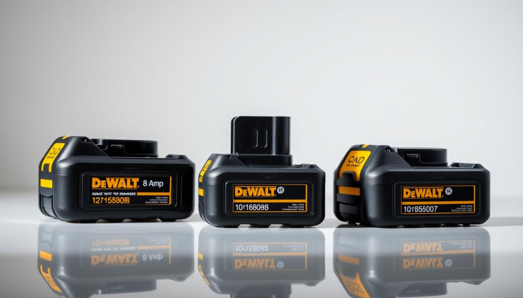 A high-resolution, detailed comparison of three DeWalt 8 Amp batteries from different angles, showcasing their similarities and differences in size, shape, and design. The batteries are arranged in the foreground on a clean, reflective surface, allowing clear visibility of their key features. Soft, directional lighting illuminates the scene, casting subtle shadows and highlights to accentuate the batteries' textures and contours. The background is a simple, minimalist studio setting, keeping the focus on the products. The overall mood is one of technical precision and product evaluation, encouraging close inspection and comparison of the DeWalt 8 Amp battery options.