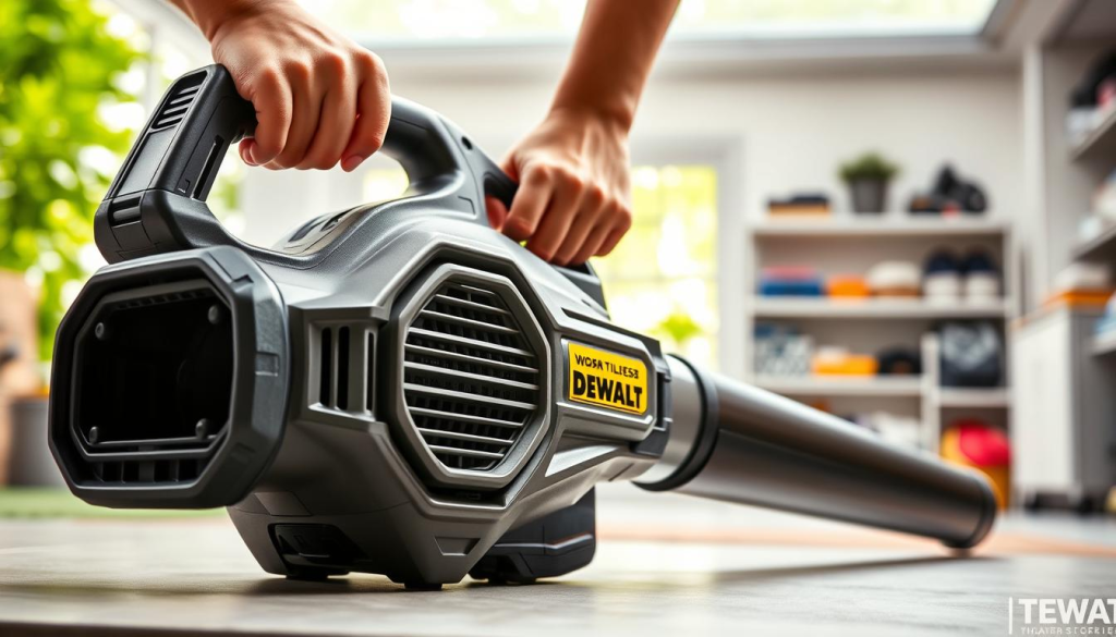 A high-resolution, detailed image of a DEWALT 60V MAX cordless leaf blower in a well-lit, clean, and modern setting. The blower is positioned prominently in the foreground, with a sleek, metallic grey body and ergonomic design. The powerful air intake and exhaust vents are clearly visible, conveying the tool's robust capabilities. The middle ground showcases the user's hands gripping the comfortable handle and trigger, emphasizing the ease of use. The background features a bright, natural environment, such as a lush, green lawn or a neatly organized garage, reinforcing the blower's suitability for yard work. The lighting is soft and diffused, creating a sense of warmth and professionalism, highlighting the premium quality of the DEWALT brand.