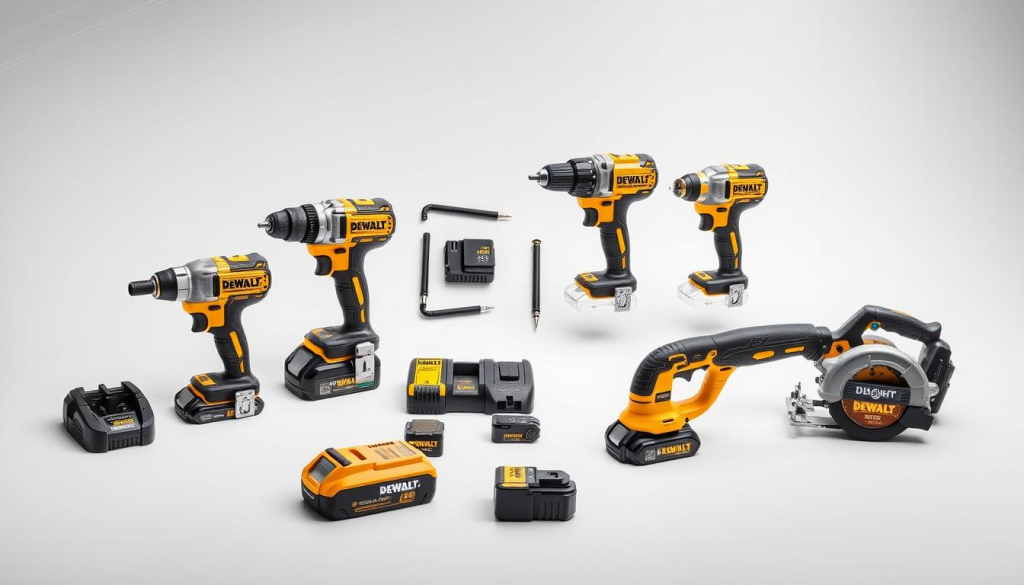A high-resolution, detailed image of a DEWALT XR combo kit featuring a variety of power tools arranged on a clean, white background with soft, even lighting. The foreground showcases the core tools - a cordless drill, impact driver, oscillating multi-tool, and reciprocating saw - positioned at slightly different angles to highlight their individual designs. The middle ground includes additional accessories like a work light, compact battery, and charger, while the background subtly frames the scene with a faint grid or technical blueprint-style pattern, conveying a sense of precision and professionalism. The overall mood is one of high-quality, durable tools ready to tackle a wide range of DIY and construction tasks.
