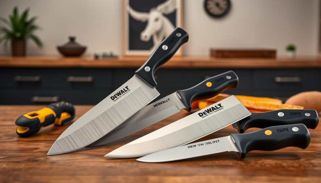 A high-resolution, detailed image of a collection of DEWALT knives displayed on a wooden table. The knives are prominently featured in the foreground, showcasing their sturdy construction, sleek black handles, and sharp, gleaming blades. The middle ground features a stylish, minimalist background, with subtle hints of a modern home setting, such as a neutral-toned wall or simple decor elements. The lighting is soft and even, highlighting the knives' high-quality craftsmanship and creating a warm, inviting atmosphere. The overall composition emphasizes the versatility and practicality of DEWALT knives for everyday household tasks, making them an ideal choice for homeowners.
