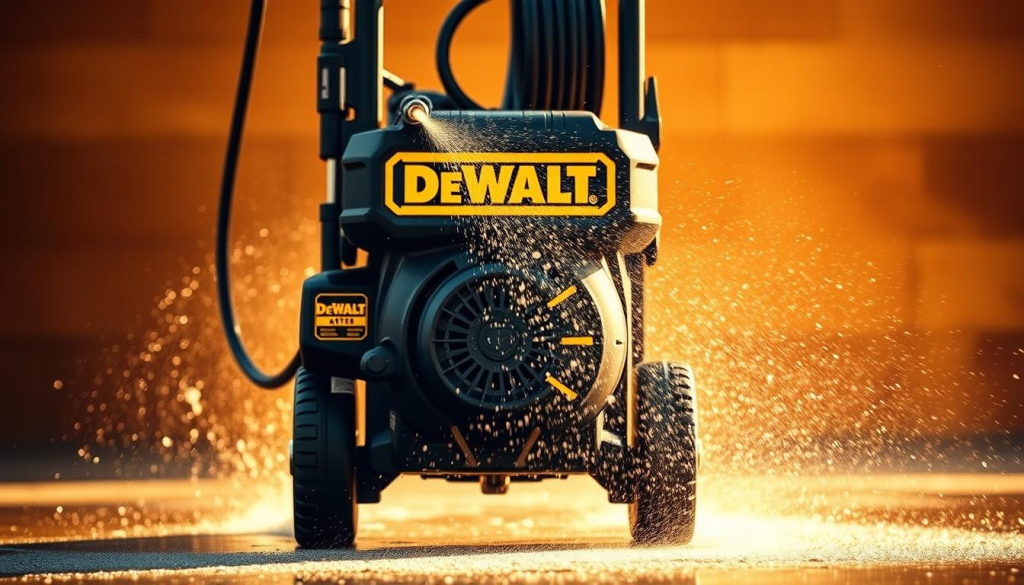 A high-resolution, detailed image of a powerful DeWalt pressure washer in action, showcasing its impressive performance. The washer stands prominently in the center, its sturdy construction and bold DeWalt branding clearly visible. Droplets of water spray forcefully from the nozzle, creating a dynamic, high-pressure stream. The background is slightly blurred, drawing the viewer's attention to the washer's mechanics and cleaning capabilities. Warm, directional lighting illuminates the scene, casting dramatic shadows and highlighting the machine's rugged, professional-grade design. The overall mood conveys the power, efficiency, and reliability of the DeWalt pressure washer, aligning with the "Power and Performance Analysis" section of the article.