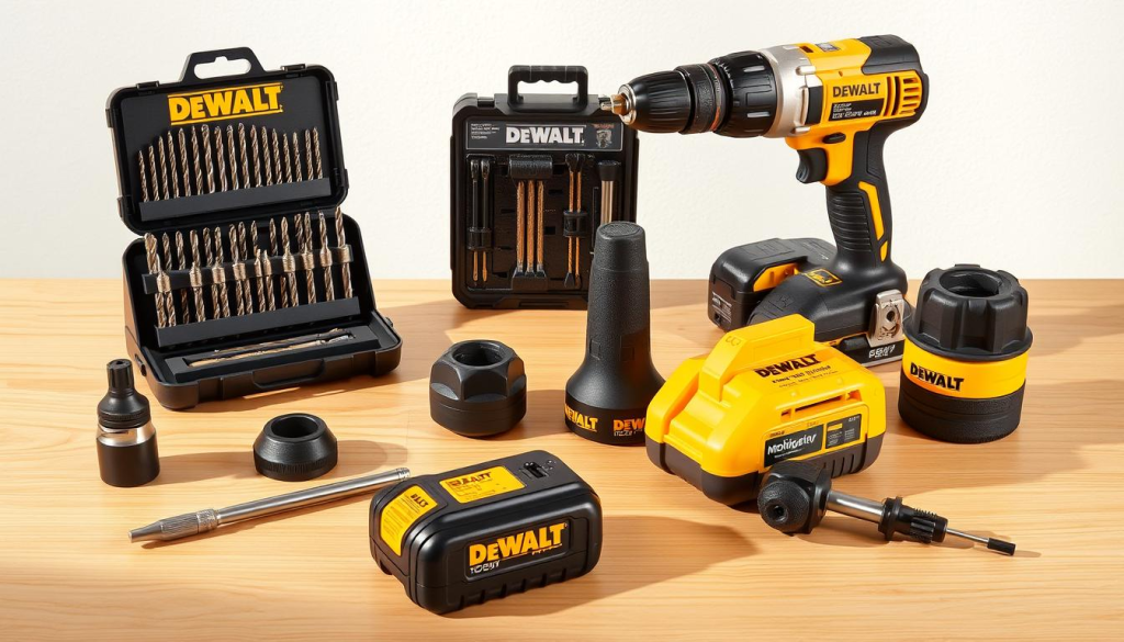 A high-resolution, detailed image of an assortment of DEWALT 20V drill accessories, including a drill bit set, a magnetic screwdriver set, a sanding attachment, and a dust extraction adapter, all arranged artfully on a clean, well-lit wooden surface. The lighting is soft and natural, accentuating the metallic textures and sleek design of the tools. The composition is balanced, with the accessories occupying the foreground and middle ground, and a neutral background that allows the products to stand out. The overall mood is professional, informative, and showcases the versatility and quality of the DEWALT 20V drill accessory lineup.