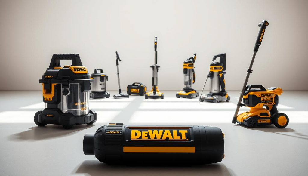 A high-resolution, detailed image showcasing a side-by-side comparison of the DEWALT 20V Vacuum against its competitors. The DEWALT vacuum is prominently displayed in the foreground, its sleek and sturdy design highlighted by strategic lighting. In the middle ground, the competing models are presented in a clear, organized manner, allowing for a direct visual comparison of their features and capabilities. The background is a clean, minimalist environment, allowing the vacuums to be the focal point. The lighting is bright and natural, creating a sense of professionalism and attention to detail. The overall mood is one of technical precision, showcasing the DEWALT vacuum's superiority through a meticulously crafted visual presentation.