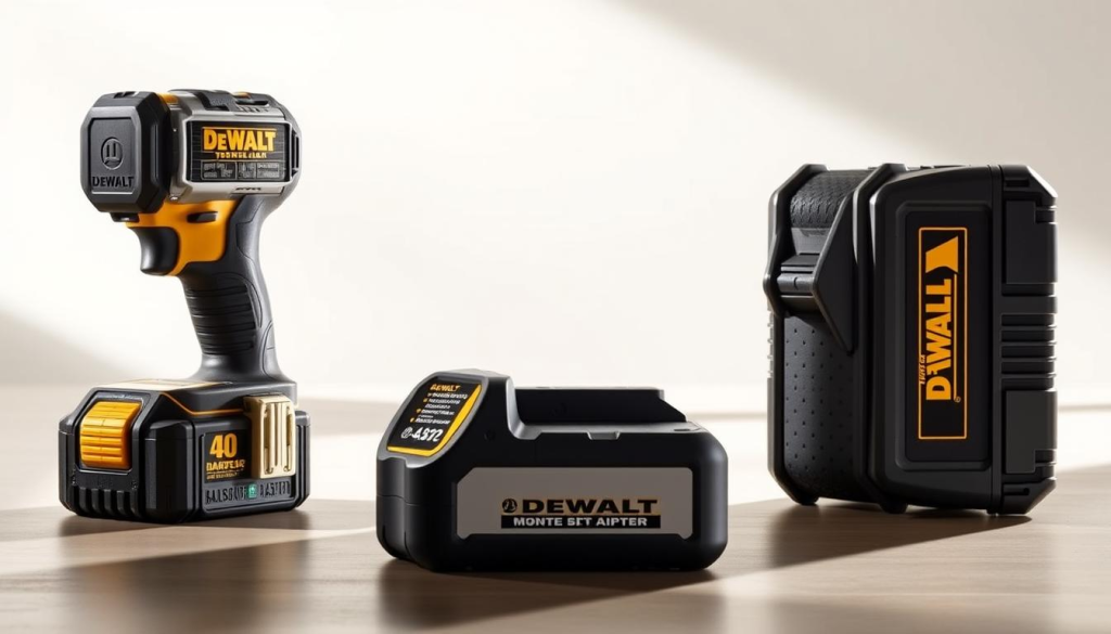 A high-resolution, detailed image showcasing a side-by-side comparison of three popular Dewalt battery adapters. Placed in the foreground, the adapters are illuminated by a soft, natural lighting that emphasizes their sleek, industrial design. The middle ground features a clean, minimalist background, allowing the adapters to take center stage. The image captures the adapters from a slightly elevated perspective, providing a clear and comprehensive view of their features and specifications. The overall atmosphere conveys a sense of professionalism and technical precision, reflecting the versatility and reliability of Dewalt's power solutions.