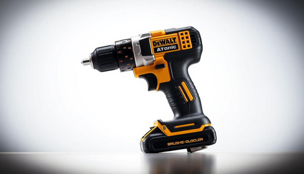 A high-resolution, detailed product shot of the Dewalt Atomic impact driver, showcased against a bright, well-lit background. The tool should be prominently displayed, capturing its sleek, modern design with a focus on the brushless motor, compact size, and textured grip. Subtle reflections on the metallic casing convey a sense of quality and durability. The image should be captured from a slightly elevated angle, creating a sense of depth and emphasizing the tool's compact, ergonomic form factor. The overall mood should be professional, highlighting the key features that make the Dewalt Atomic impact driver a standout product in its class.