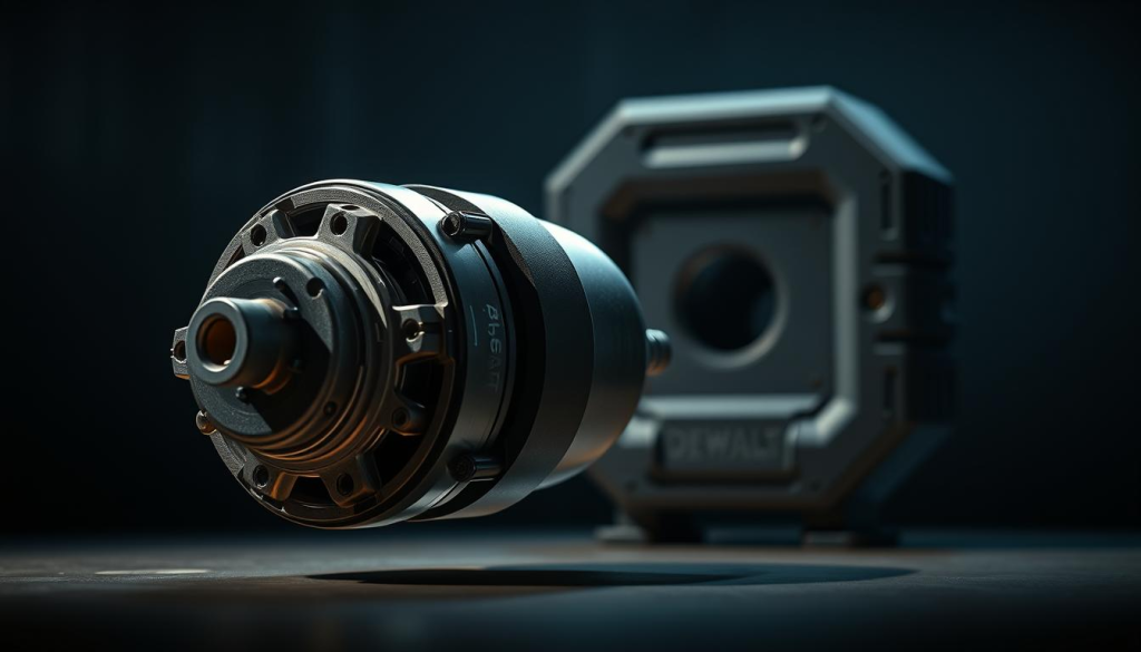 A high-resolution, hyper-realistic image of a DeWalt 3/4 inch Impact Wrench Motor. The motor is depicted in the foreground, showcasing its intricate mechanical components and sturdy construction in vivid detail. The middle ground features the impact wrench's housing, with a sleek, metallic finish and angular design. The background is dimly lit, creating a moody, technical atmosphere that highlights the power and precision of the tool. Soft, directional lighting illuminates the scene, casting shadows that accentuate the motor's contours and mechanical details. The overall composition emphasizes the key features of the DeWalt 3/4 inch Impact Wrench, making it the central focus of the image.