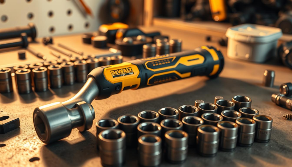 A high-resolution image of a DEWALT 20V brushless ratchet wrench lying on a workbench, with an array of matching DEWALT 20V sockets and accessories arranged neatly around it. The ratchet is positioned in a 3/4 angle view, showcasing its sleek, modern design and the DEWALT logo prominently displayed. The sockets, ranging from 1/4" to 1/2", are laid out in a grid pattern, creating a visually appealing and organized composition. The scene is bathed in warm, directional lighting, casting subtle shadows and highlights that accentuate the metallic textures and reflections of the tools. The background is a clean, neutral workspace, allowing the DEWALT 20V lineup to be the central focus of the image.