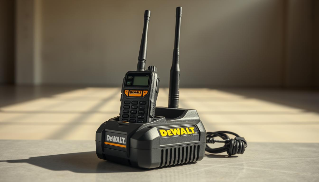 A high-resolution image of a DeWalt radio charger, captured in warm, natural lighting. The charger is positioned prominently in the foreground, its sturdy, rugged construction and DeWalt branding clearly visible. The middle ground features the radio itself, its sleek, angular design complementing the charger. The background depicts a clean, minimalist workspace, emphasizing the charger's versatility and integration into a professional, industrial setting. The overall scene conveys the power, durability, and convenience of the DeWalt radio and charger system, perfectly suited for a jobsite environment.