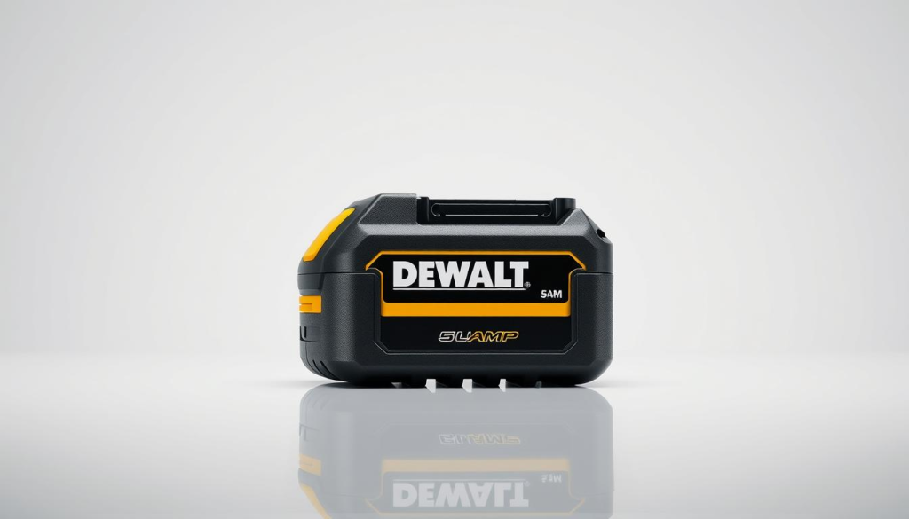 A high-resolution, photorealistic image of a Dewalt cordless power tool battery. The battery is the central focus, showcased in a clean, well-lit studio setting. The battery has a sleek, modern design with the Dewalt logo prominently displayed. The battery is placed on a reflective surface, creating a sense of depth and dimension. The lighting is soft and diffused, highlighting the battery's texture and metallic accents. The background is a simple, neutral color that allows the battery to stand out. The composition is balanced and the overall mood is professional and aspirational, conveying the reliability and power of the Dewalt 5 Amp battery.