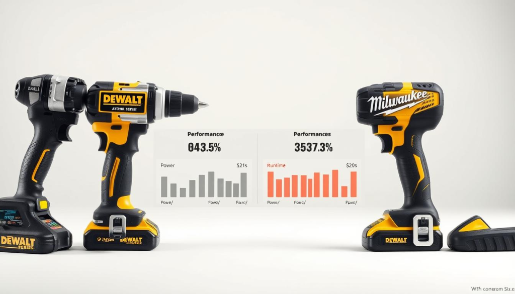 A high-resolution, photorealistic image of a side-by-side performance comparison between the DEWALT Atomic Series and Milwaukee power tools. The foreground shows the tools arranged at an angle, with clear visibility of their distinct designs and features. The middle ground displays performance metrics and charts, conveying objective data about power, runtime, and speed. The background is a clean, minimalist studio setting with soft, even lighting that highlights the tools' details. The overall mood is professional, authoritative, and focused on presenting a fair, data-driven analysis to help the viewer understand the relative strengths of these two leading brands.