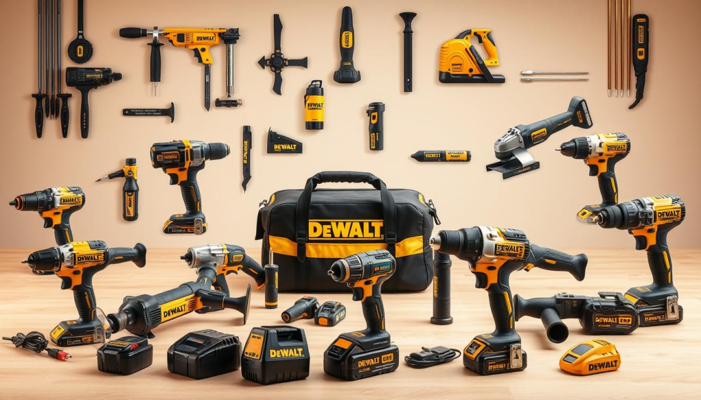 A high-resolution, photorealistic image of an assortment of DEWALT power tools and devices, including drills, saws, grinders, and other equipment, all powered by the DEWALT 15Ah battery. The tools are arranged in a visually appealing and organized layout, showcasing their compatibility and versatility. The image has a warm, professional lighting setup, with soft shadows and highlights that emphasize the sleek, durable design of the DEWALT products. The background is a clean, neutral workspace setting, allowing the tools to be the focal point. The overall mood conveys the power, performance, and reliability of the DEWALT 15Ah battery and its broad compatibility across the brand's diverse tool lineup.