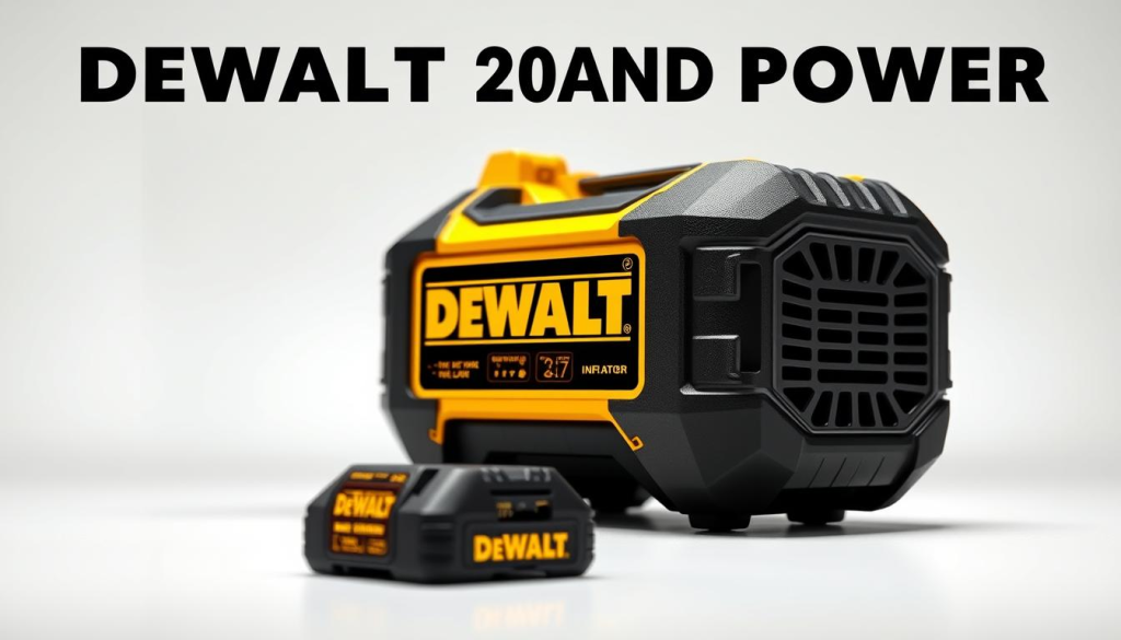 A high-resolution, photorealistic image of the DEWALT 20V Inflator. The device is prominently displayed in the foreground, with a crisp, detailed, and well-lit representation. The inflator is surrounded by a clean, neutral background, allowing the product to be the central focus. The lighting is bright and even, creating a sense of professionalism and power. The camera angle is slightly elevated, giving the viewer a commanding perspective of the inflator's robust and durable design. The overall atmosphere conveys the impressive performance and capabilities of this DEWALT tool, perfectly aligning with the "Performance and Power" section of the article.