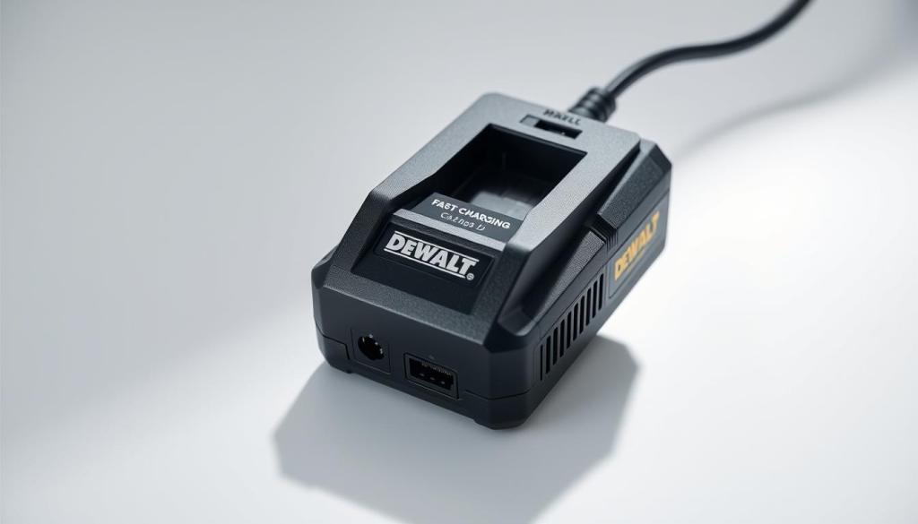 A high-resolution, realistic image of a DEWALT fast charger placed on a clean, white surface. The charger is angled slightly to showcase its sleek, modern design with a prominent DEWALT logo. The background is softly lit, with subtle shadows to enhance the three-dimensional nature of the device. The focus is sharp, capturing every detail of the charger's textured housing, ventilation ports, and power input. The overall scene conveys a sense of efficiency, reliability, and compatibility with DEWALT power tools.