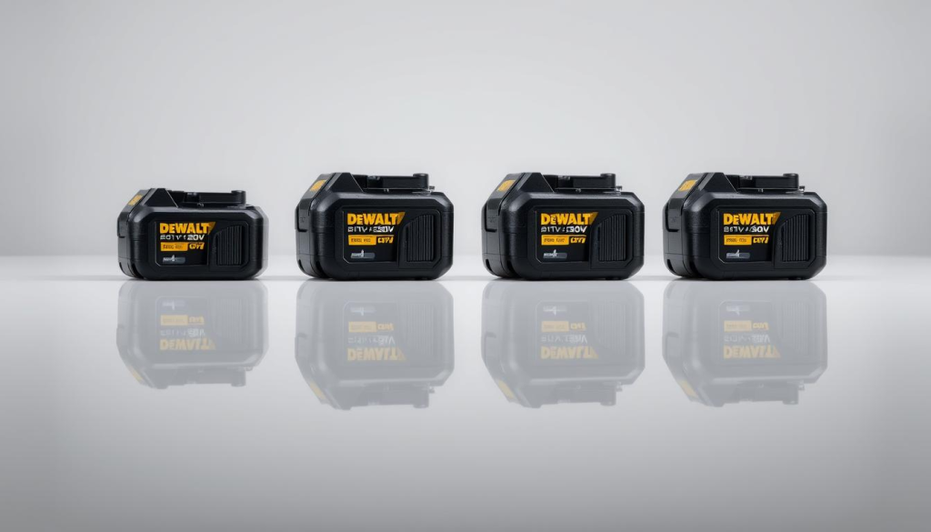 A high-resolution, studio-lit image showcasing a comparative display of DEWALT 20V battery capacities. The image features a sleek, minimalist design with the batteries prominently displayed on a clean, reflective surface. The batteries are arranged in a row, allowing for a clear side-by-side comparison of their sizes and capacities. The lighting is soft and even, highlighting the batteries' details and the contrasting textures of the metal and plastic components. The background is a simple, muted color that allows the batteries to take center stage, emphasizing their technical specifications and performance metrics.