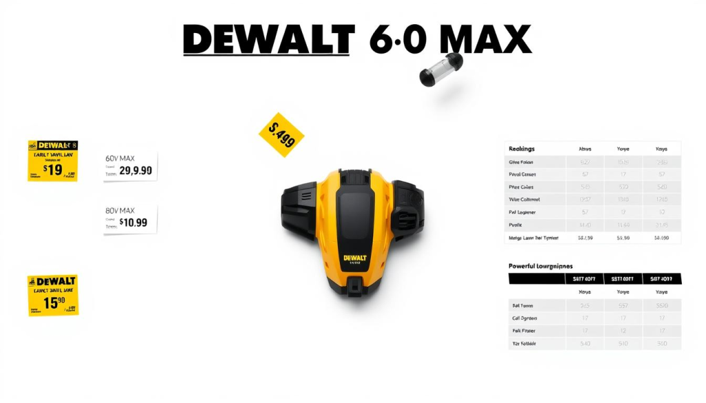 A high-resolution, well-lit image showcasing a head-on view of a DEWALT 60V MAX Trimmer, with a clean white background. The trimmer is positioned prominently in the center, highlighting its sleek and modern design. Surrounding the trimmer are neatly arranged price tags and comparison charts, allowing the viewer to easily assess the value and competitive pricing of this powerful cordless lawn care tool. The image has a professional, informative, and visually appealing aesthetic, reflecting the technical details and capabilities of the DEWALT 60V MAX Trimmer.