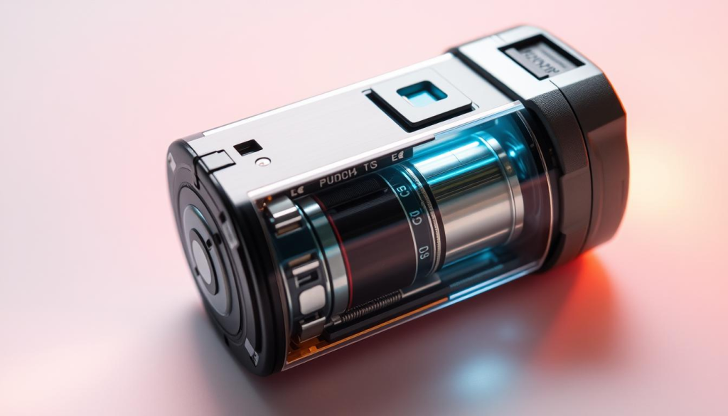 A high-tech lithium-ion battery pack, its intricate internal components illuminated by a warm, focused light. The battery's sleek, metallic casing gleams, revealing its precise engineering and advanced technology. In the foreground, a cutaway view showcases the battery's layered cells, electrodes, and circuitry, showcasing the sophisticated design that powers its impressive performance. The background features a clean, minimalist setting, allowing the battery to take center stage and highlighting its role as the essential power source for a range of cordless tools and devices.