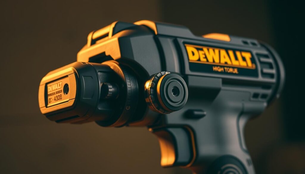 A high-torque DeWalt impact gun, its sleek black casing gleaming under warm studio lighting. The tool's powerful motor is visible, its heft and sturdy construction conveying reliable power. The impact mechanism is showcased, its gears and components clearly visible, hinting at the tool's impressive torque capabilities. In the foreground, the brushless motor and variable speed trigger are highlighted, demonstrating the gun's advanced features. The background is blurred, keeping the focus on the impact gun's key details. The overall mood is one of industrial strength and professional-grade performance.