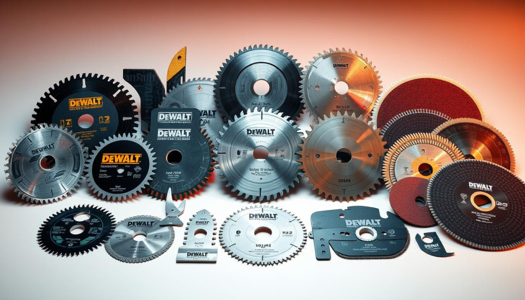 A highly detailed and photorealistic image of an assortment of DEWALT oscillating tool blades, including a variety of saw blades, scraper blades, and sanding pads, arranged neatly on a clean, well-lit surface. The blades should be shown from multiple angles, with a focus on capturing their intricate designs, sharp edges, and high-quality construction. The lighting should be soft and diffused, creating warm, natural-looking shadows and highlights that accentuate the metallic sheen and textures of the blades. The background should be a simple, minimalist studio setting, allowing the blades to be the central focus of the image.
