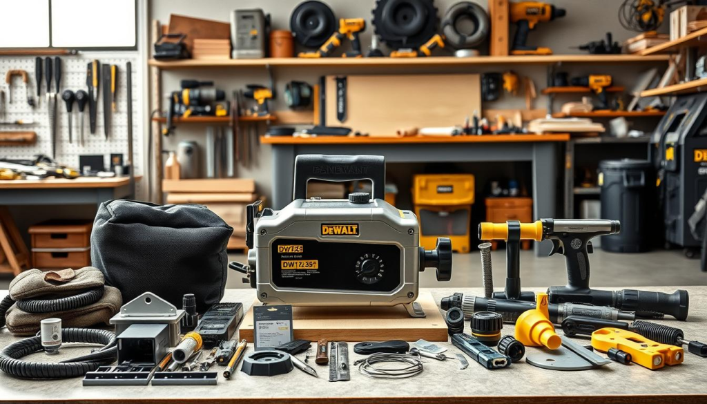 A highly detailed and photorealistic image of the Dewalt DW735 planer and its assorted accessories, captured in a well-lit and organized workshop setting. In the foreground, the DW735 planer stands prominently, its metallic body and controls meticulously rendered. Surrounding it, an array of accessories are neatly arranged, including a dust collection bag, extra blades, a roller stand, and other essential attachments. The middle ground features a workbench with various woodworking tools and materials, creating a sense of a functional and professional workspace. The background showcases the workshop environment, with clean and organized shelving units, various power tools, and a neutral-toned color palette that emphasizes the DW735's sturdy and reliable design.