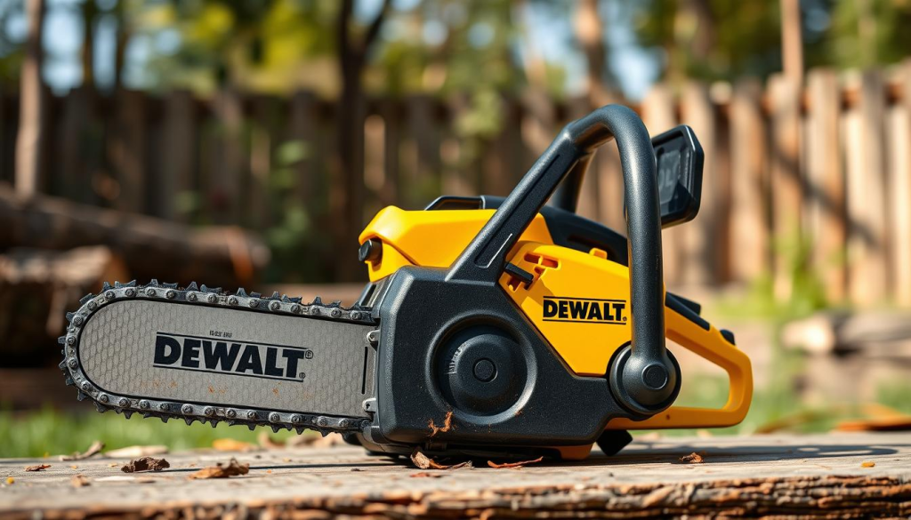 A highly detailed and realistic image of a DEWALT mini chainsaw. The chainsaw is placed in the foreground, meticulously rendered with attention to every component - the sturdy metal casing, the sharp chain, the bright yellow and black color scheme. The middle ground features a natural setting, such as a wooded area or a backyard, conveying the practical applications of this compact power tool. The background is softly blurred, allowing the chainsaw to take center stage. The lighting is natural and directional, casting subtle shadows that accentuate the tool's form and texture. The overall mood is one of rugged functionality and reliable performance, reflecting the reputation of the DEWALT brand.