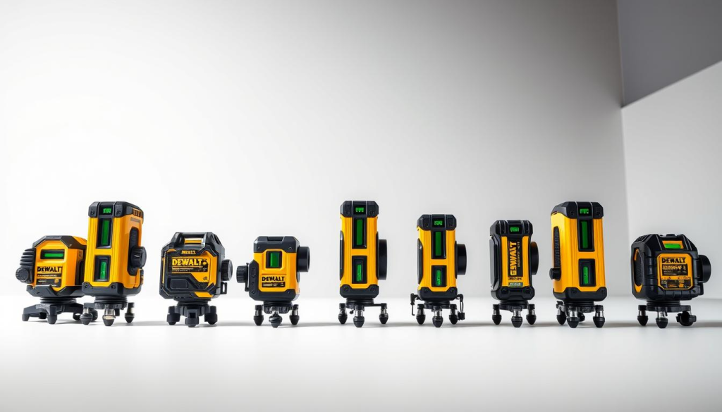 A highly detailed and well-lit comparison image of DEWALT levels, showcasing their distinct designs and features against the backdrop of a clean, white environment. The foreground should prominently display the various DEWALT level models, each meticulously rendered with their unique color schemes, materials, and level indicators. The middle ground should feature the competing brands' levels, allowing for a clear side-by-side visual comparison. The background should maintain a minimalist, almost studio-like setting, allowing the levels to take center stage and their differences to be easily discernible. The overall mood should convey a sense of professionalism, precision, and technical excellence, reflecting the quality and capabilities of the DEWALT brand.
