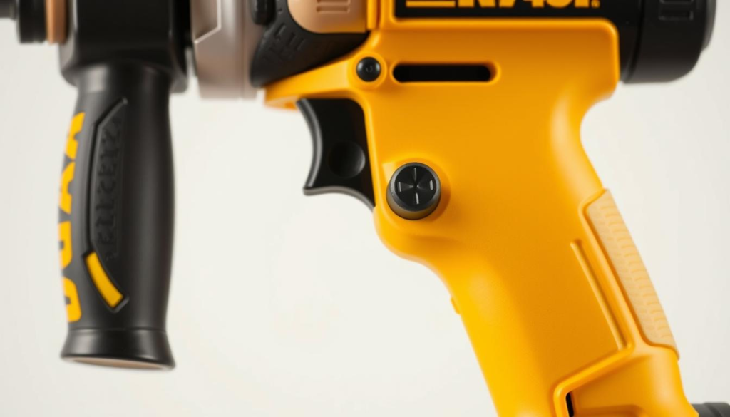 A highly detailed, close-up image of a Dewalt 7491 power tool, showcasing its key safety features. The tool is presented against a clean, well-lit background, allowing the viewer to clearly see the various safety mechanisms. The foreground focuses on the handle, trigger, and guard, highlighting the ergonomic design and intuitive safety controls. The middle ground reveals the tool's body, emphasizing the sturdy construction and robust safety switches. The background provides a minimal, slightly blurred context, directing attention to the subject. The overall mood is one of precision, reliability, and a commitment to user safety, conveying the high-quality engineering of the Dewalt 7491.