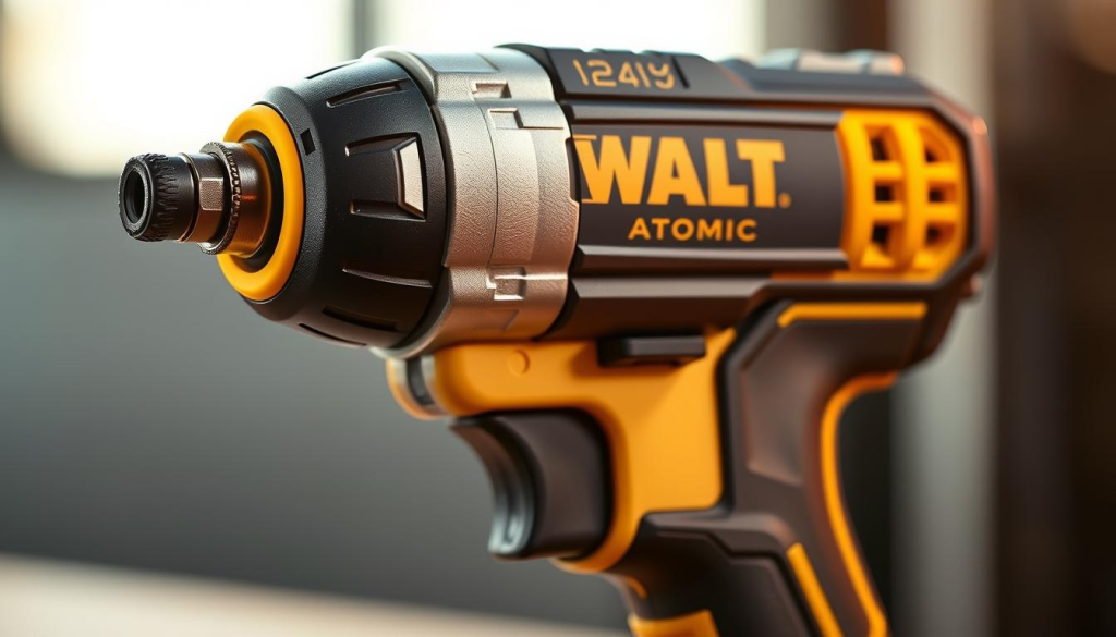 A highly detailed close-up photograph of a DeWalt Atomic impact driver, showcasing its sleek and compact design. The tool is positioned in the center of the frame, with a warm, directional light illuminating its metallic gray body and striking yellow accents. The textured grip and compact form factor are clearly visible, emphasizing the tool's ergonomic and powerful nature. The background is blurred, creating a sense of focus on the impact driver's key features. The image conveys the tool's professional-grade performance and premium quality, reflecting the subject and section title of the article.
