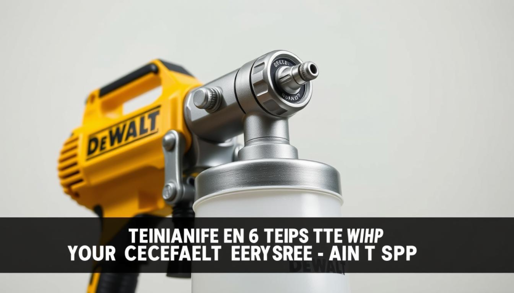A highly detailed, close-up view of a DEWALT handheld paint sprayer, showcasing its sleek, ergonomic design. The sprayer is positioned against a plain, neutral background, allowing it to take center stage. Crisp, even lighting illuminates the sprayer's metallic accents and high-quality construction, highlighting its durability and precision engineering. The image captures the sprayer's controls, nozzle, and power cord in clear, sharp focus, providing a comprehensive look at its key features. The overall mood is one of professionalism and functionality, reflecting the tool's intended use in the "Maintenance Tips for Your DEWALT Paint Sprayer" section.