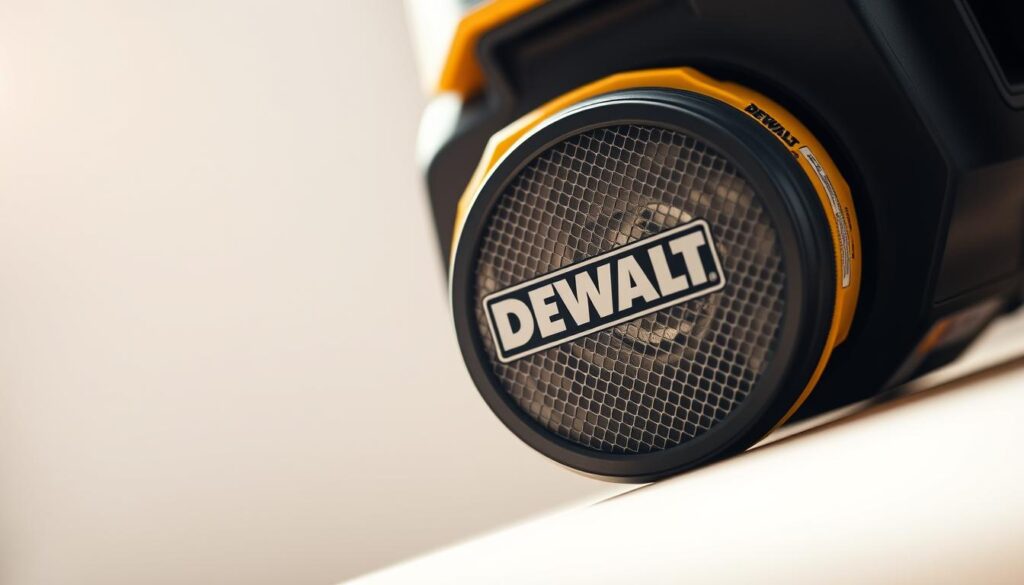 A highly detailed, close-up view of a Dewalt dust extractor filter. The filter is positioned prominently in the center of the frame, illuminated by soft, natural lighting that accentuates its intricate design and texture. The background is blurred, creating a clean, minimalist composition that draws the viewer's attention to the filter. The image is captured at a slight angle, providing depth and dimension to the subject. The filter's design features are clearly visible, showcasing the mesh-like structure and the Dewalt branding. The overall mood is one of precision, quality, and functionality, reflecting the attention to detail and engineering that goes into Dewalt products.