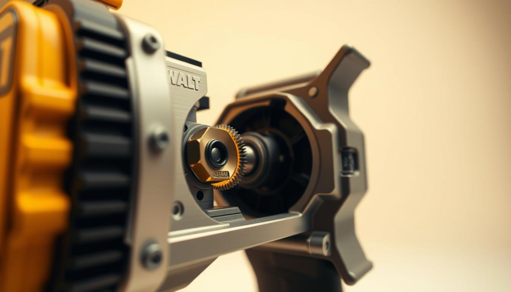 A highly detailed, close-up view of the DEWALT Vibration Control Technology mechanism. The foreground features the intricate inner workings, with gears, springs, and dampers precisely engineered to minimize vibrations. The middle ground showcases the rugged, industrial-grade housing, with a metallic finish that conveys strength and durability. The background is a clean, minimalist setting, allowing the technology to take center stage. Warm, directional lighting highlights the contours and textures, creating a sense of high-quality craftsmanship. The composition emphasizes the engineering excellence and innovative design behind DEWALT's vibration control, perfectly suited to illustrate the "DEWALT Innovation: Technology and Design" section.