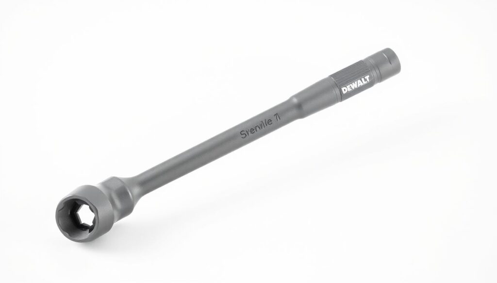 A highly detailed, expertly-lit close-up photograph of a DeWalt 3/8" drive ratchet tool against a clean, plain background. The ratchet is shown in a neutral grey color, with a sleek, modern design and high-quality metal construction. The image captures the tool's sturdy, durable build and precision engineering, highlighting its reliability and suitability for DIY projects. The lighting is soft and even, accentuating the tool's smooth surfaces and sharp edges. The camera angle is slightly elevated, giving the viewer a sense of the ratchet's quality and craftsmanship. The overall mood is one of professionalism, quality, and functional simplicity.