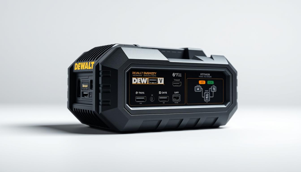 A highly detailed, high-resolution, photo-realistic image of a DEWALT EV charger, set against a clean, minimalist background. The charger is prominently displayed in the center, showcasing its sleek, modern design with smooth, brushed metal finishes. Crisp lighting from the side illuminates the charger's various ports, buttons, and status indicators, highlighting its technical features. The background is a simple, light-colored studio setting, allowing the charger to be the sole focus. The image conveys a sense of quality, durability, and advanced functionality, perfectly capturing the key features of the DEWALT EV charger.