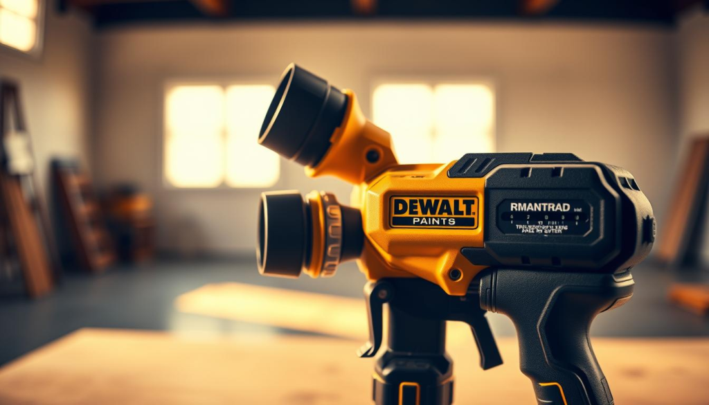 A highly detailed, meticulously crafted DEWALT paint sprayer, illuminated by warm, natural lighting that casts subtle shadows and highlights its sleek, industrial design. The sprayer is positioned prominently in the foreground, showcasing its robust construction, ergonomic grip, and advanced nozzle system. In the middle ground, the sprayer's control panel and various settings are visible, conveying the device's technical capabilities. The background features a clean, minimalist workspace, allowing the DEWALT sprayer to be the central focus, emphasizing its reliable and professional-grade performance.