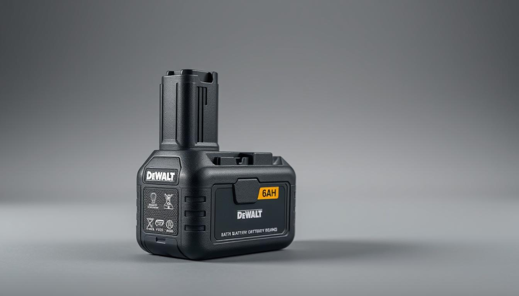 A highly detailed, meticulously crafted DeWalt 6AH battery pack, showcased in a crisp, well-lit studio setting. The battery pack is prominently displayed in the foreground, its sleek black casing reflecting the studio lighting, revealing intricate textural details. The middle ground features a seamless gray backdrop, allowing the battery pack to take center stage. The overall mood is one of precision, power, and technical excellence, befitting the high-quality DeWalt brand and the benefits of using a 6AH battery.