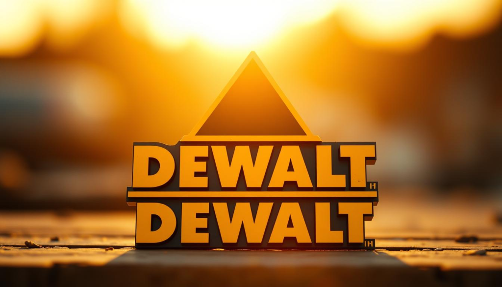 A highly detailed, photo-realistic image of the DEWALT logo design, captured in a warm, golden-hour lighting. The logo appears in the center, prominently displayed against a soft, blurred background. The image showcases the iconic DEWALT triangle and the bold, geometric lettering, rendered with a sense of depth and dimensionality. The overall composition conveys a sense of quality, durability, and professional excellence, reflecting the brand's reputation in the power tool industry. The lighting and angle suggest a product shot, highlighting the logo's design elements and emphasizing its role as a key branding and marketing asset.