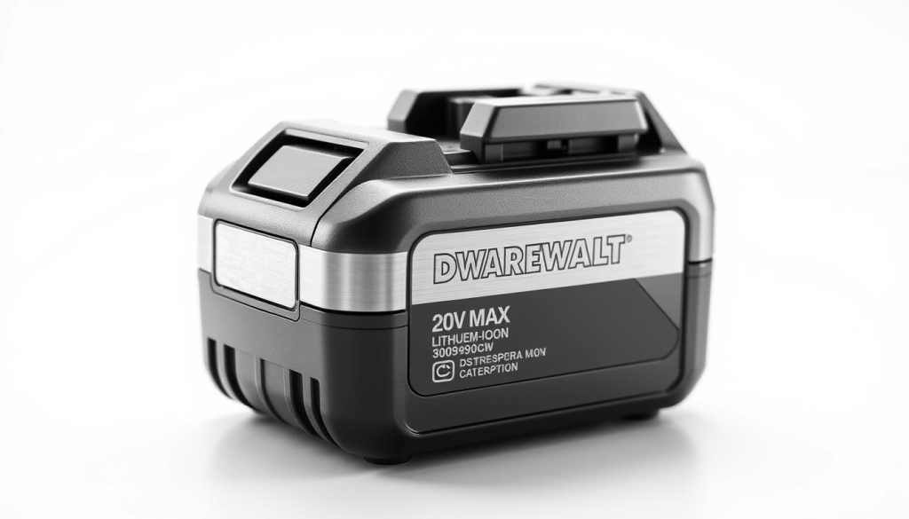 A highly detailed, photorealistic image of a DEWALT 20V MAX lithium-ion battery pack. The battery is shown in the foreground, with a clean, bright white background. The battery is depicted in a slightly elevated, three-quarter view, allowing the user to clearly see the brand name, model number, and key technical specifications engraved on the battery casing. The surface of the battery has a sleek, modern metallic finish that catches the light, creating subtle highlights and reflections. The overall composition and lighting evoke a sense of premium quality, durability, and reliability, reflecting the key features of the DEWALT 20V MAX battery.
