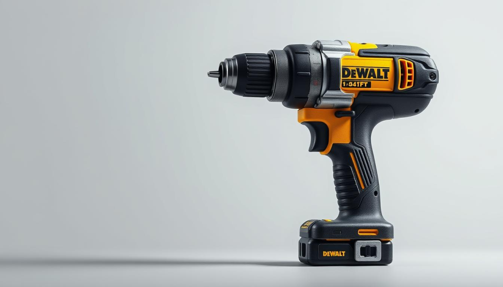 A highly detailed, photorealistic image of a DEWALT impact drill, centered in the frame against a clean, uniform background. The drill is presented in a slightly low-angle perspective, showcasing its robust, ergonomic design and prominent DEWALT branding. The metallic body and components are rendered with meticulous attention to texture and reflections, conveying a sense of quality and power. Subtle, directional lighting accentuates the three-dimensional form, creating dynamic shadows and highlights that enhance the drill's industrial aesthetic. The overall composition and attention to detail should effectively communicate the strength, durability, and professional-grade capabilities of the DEWALT impact drill.