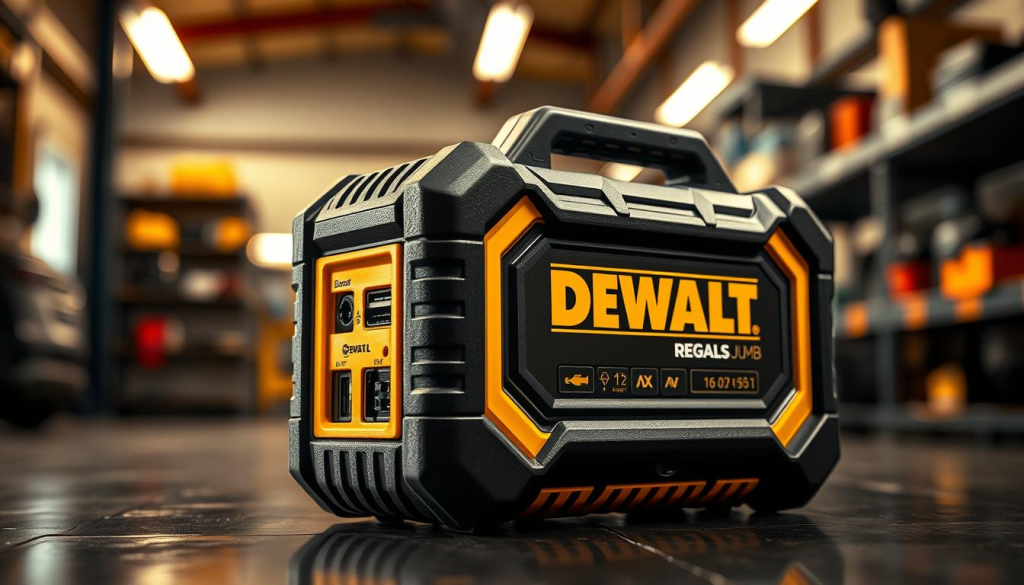A highly detailed, photorealistic image of a DEWALT jump starter in a well-lit, industrial setting. The jump starter is prominently displayed in the foreground, its sleek black and yellow casing gleaming under the warm, directional lighting. The background features a blurred, out-of-focus automotive workshop, with shelves of tools and equipment visible in the distance, creating a sense of context and purpose. The jump starter is angled slightly, allowing the user to clearly see its various ports, buttons, and features. The overall mood is one of professionalism and functionality, reflecting the rugged, high-quality nature of the DEWALT brand.