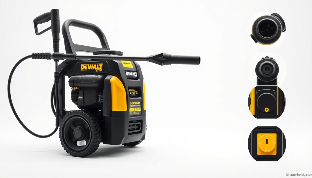 A highly detailed, photorealistic image of the DEWALT 3300 PSI pressure washer, showcasing its key features in a clean, well-lit studio setting. The washer is positioned in the center of the frame, its sleek black and yellow design prominently displayed. In the foreground, the powerful 3300 PSI motor and high-pressure hose are clearly visible, conveying the machine's impressive cleaning capabilities. The middle ground features close-up views of the adjustable wand, pressure control knob, and GFCI plug, highlighting the user-friendly design. The background is a plain white backdrop, allowing the pressure washer to be the sole focus of the image. The lighting is soft and diffused, creating a professional, aspirational aesthetic that complements the rugged, hardworking nature of the DEWALT brand.