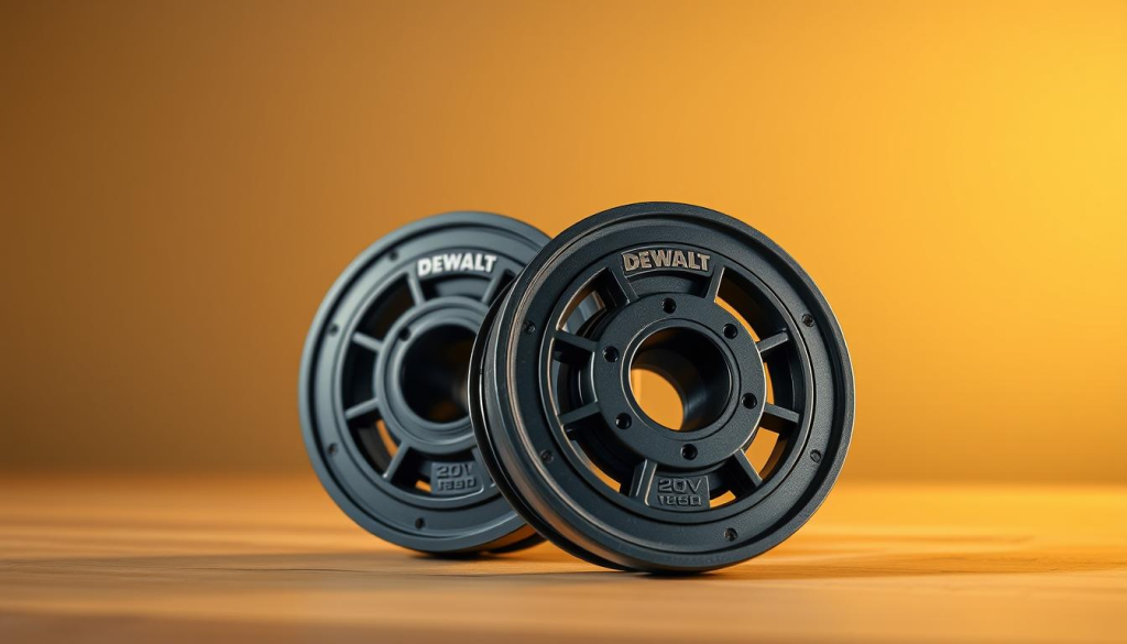 A highly detailed, photorealistic image of two DEWALT replacement spools for a 20V weed eater. The spools are prominently featured in the foreground, capturing their intricate design and sturdy construction. The background is slightly blurred, creating a clean, minimalist composition that allows the spools to take center stage. Soft, diffused lighting casts a warm glow, highlighting the DEWALT branding and the smooth, textured surfaces of the spools. The image conveys a sense of quality, durability, and the accessories' ability to enhance the user's experience with the DEWALT 20V weed eater.