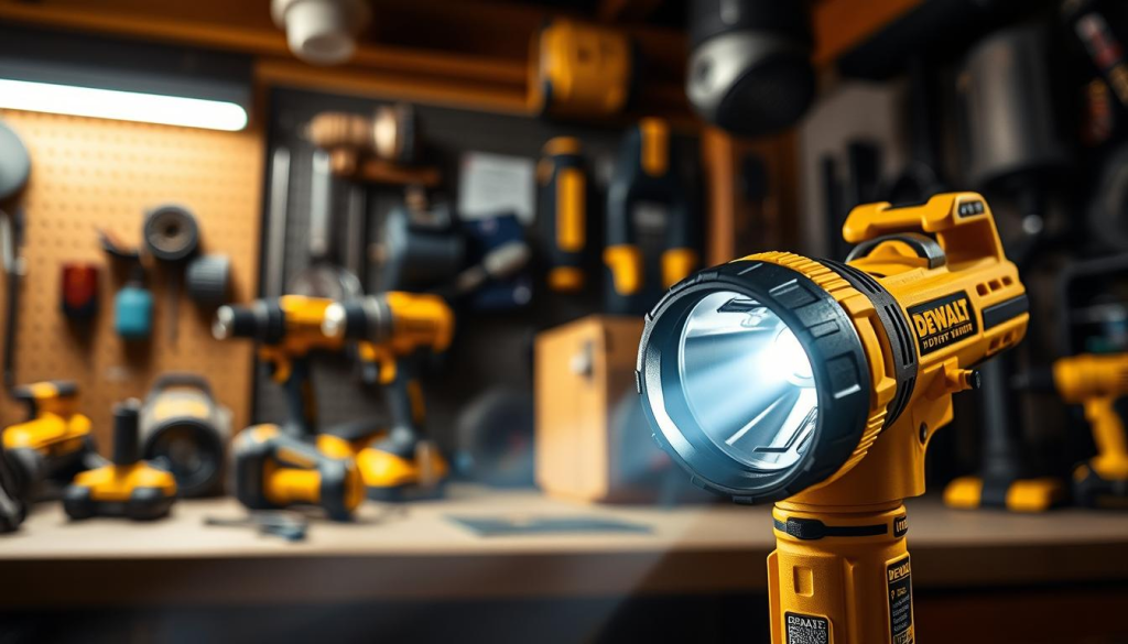 A highly detailed, precision-engineered DEWALT flashlight in the foreground, capturing its rugged yet sleek design. The flashlight is illuminated with a bright, focused beam of light, showcasing its powerful LED technology. In the middle ground, a dimly lit workshop setting, with various DEWALT power tools and accessories arranged in an organized manner, hinting at the product's durability and versatility. The background features a warm, industrial-inspired atmosphere, with subtle shadows and highlights, emphasizing the flashlight's robust construction and suitability for demanding environments.