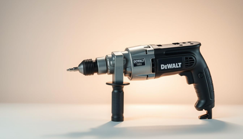 A highly detailed, precision-engineered compact right angle drill, meticulously crafted by DEWALT. Gleaming chrome and black metal finish, with a compact and ergonomic design. Showcased in a softly lit, minimalist studio setting, with a crisp, clean background to highlight the drill's superior craftsmanship. Subtle shadows and reflections add depth and dimension, while the drill is positioned at a slight angle to capture its compact size and powerful capabilities. The overall mood is one of professional, high-quality tools trusted by skilled tradespeople.
