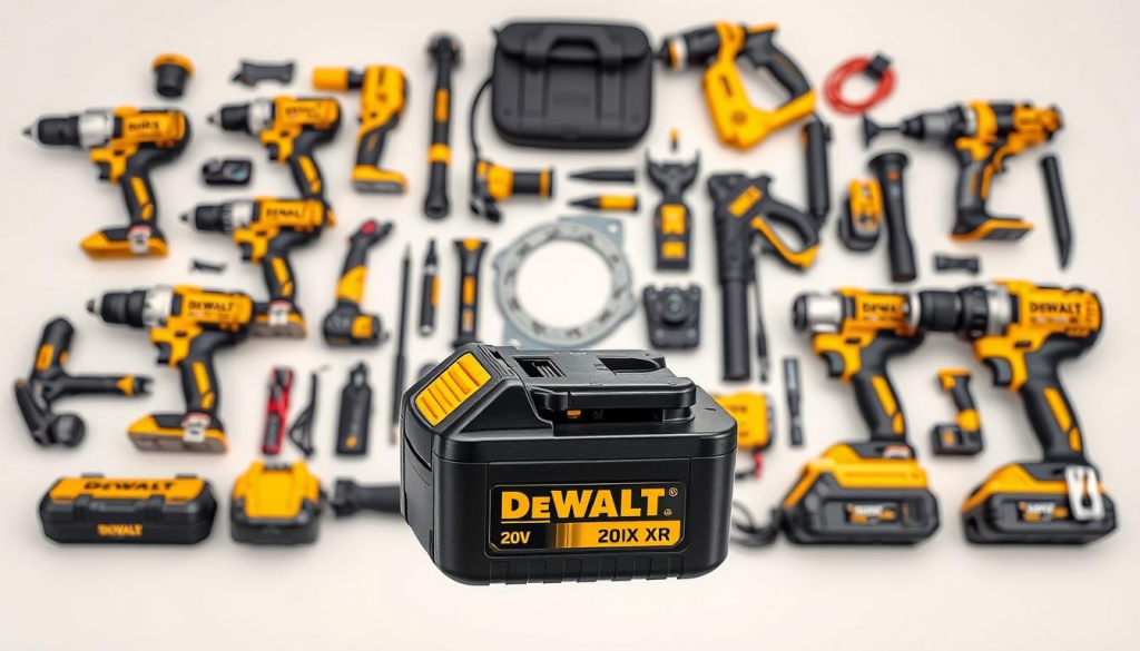 A highly detailed, realistic, and well-lit image of various DEWALT 20V MAX XR power tools and accessories laid out in a visually appealing arrangement. The foreground should feature the DEWALT 20V MAX XR battery pack prominently, showcasing its sleek design and robust construction. Surrounding the battery should be an assortment of power tools, such as a cordless drill, impact driver, circular saw, and angle grinder, all arranged in a natural and organic composition. The middle ground should include other DEWALT 20V MAX XR accessories, like a flashlight, heat gun, and oscillating multi-tool, creating a comprehensive display of the battery's versatility. The background should feature a clean, neutral environment, allowing the DEWALT products to be the central focus of the image. Optimal lighting should be used to highlight the details and textures of the tools, creating a professional and visually appealing final result.