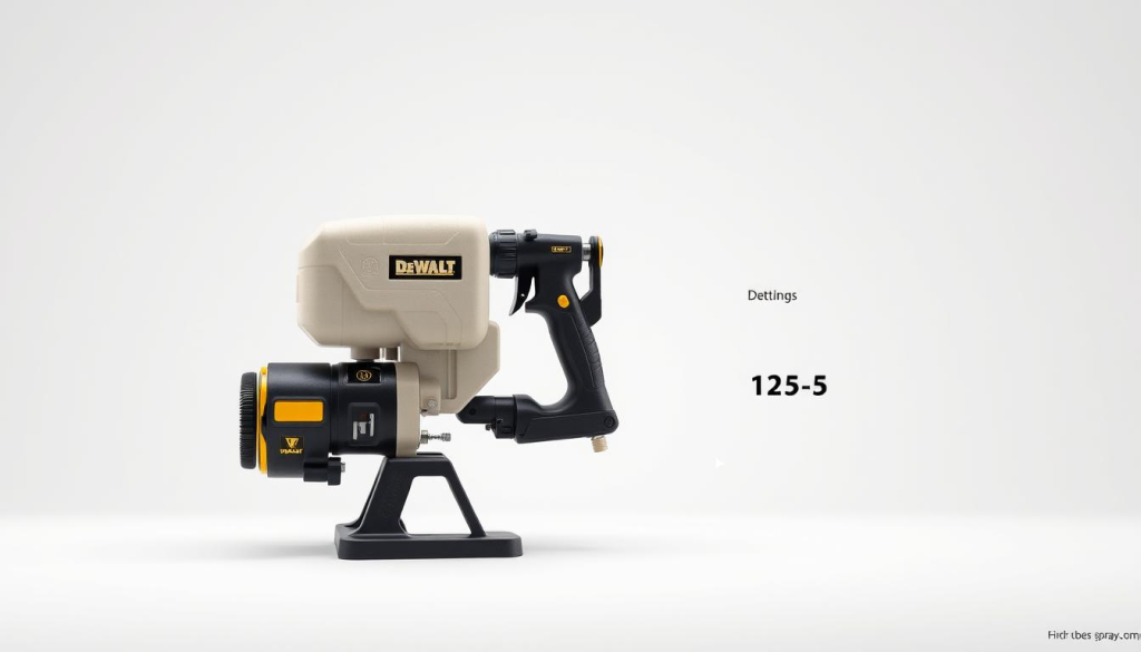 A highly detailed, realistic rendering of a DEWALT paint sprayer set against a plain white background, bathed in soft, diffused lighting that accentuates the sleek, industrial design. The sprayer is prominently featured in the center, showcasing its sturdy construction, intuitive controls, and high-performance components. The foreground captures the sprayer's ergonomic grip, adjustable nozzle, and smooth, even paint application. The middle ground highlights the sprayer's key technical specifications, such as the power output, tank capacity, and operating pressure. The background maintains a clean, minimalist aesthetic to draw the viewer's focus entirely to the sprayer and its essential features.