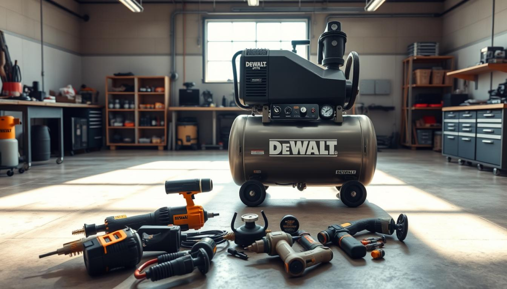 A large DEWALT 80 Gallon Air Compressor standing prominently in a well-lit, organized workshop. The compressor's silver-and-black exterior gleams under soft, diffused lighting, casting subtle shadows across the concrete floor. In the foreground, various air tools and accessories are neatly arranged, suggesting the compressor's versatility and power. The middle ground features the compressor's control panel and pressure gauge, providing a clear view of the unit's key operational details. The background showcases the workshop's clean, uncluttered layout, with shelves and storage units visible, creating a sense of order and functionality. The overall atmosphere conveys a professional, task-oriented setting, where the DEWALT compressor is a reliable, integral component.